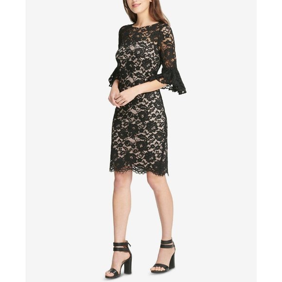 DKNY Women's Lace Bell Sleeve Sheath Dress Black 8 - Picture 3 of 6